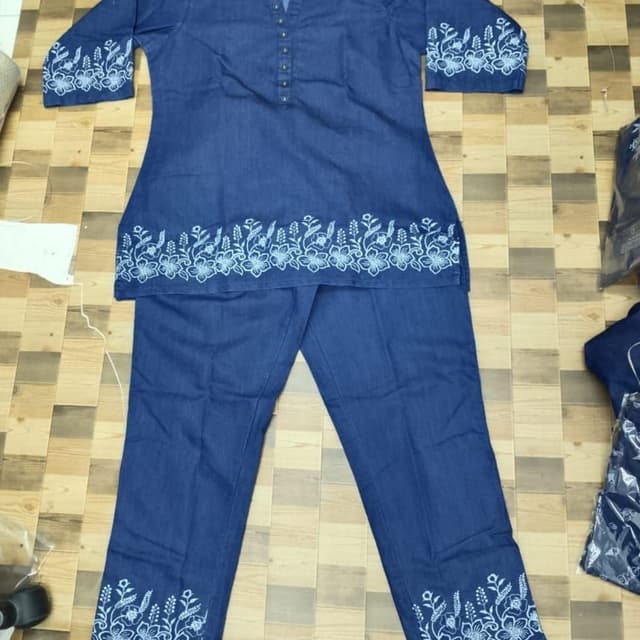Indigo blue base with white embroidery Kurti and Pant Set