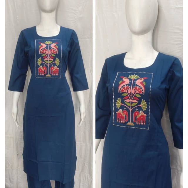 Navy Blue base with multi-colored embroidery (pink, green, red) Kurti