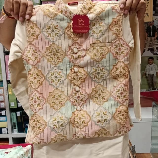 Beige, pastel pink, mint green, and gold Kurta with Nehru Jacket (Waistcoat)