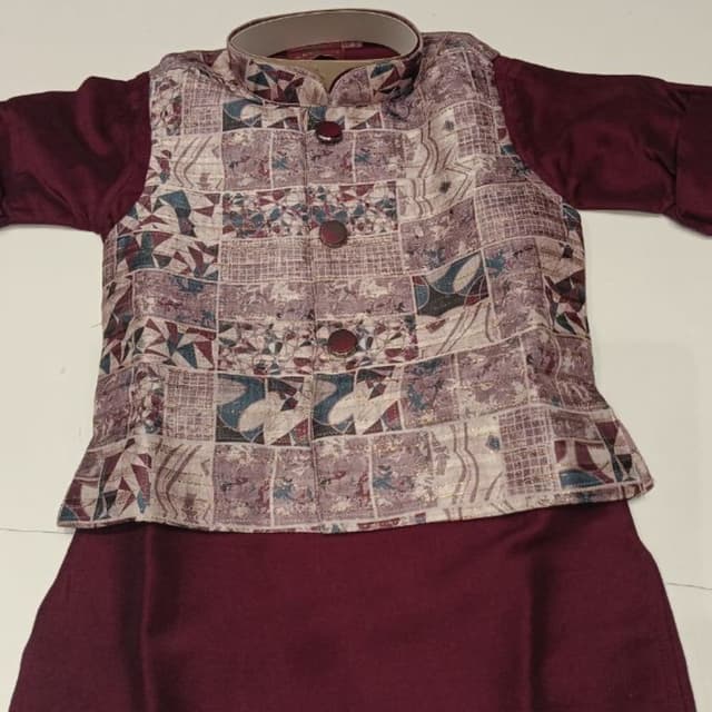 Maroon, off-white, muted blue, and grey Kurta with Nehru Jacket set