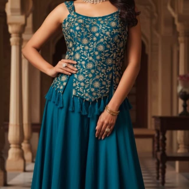 Teal and Gold Peplum top with skirt