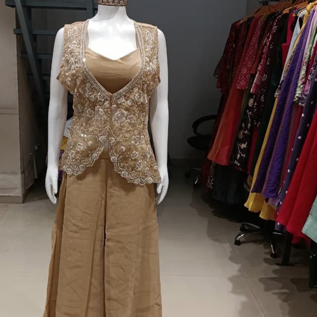 Beige, Gold, Metallic Jacket with Palazzo Suit