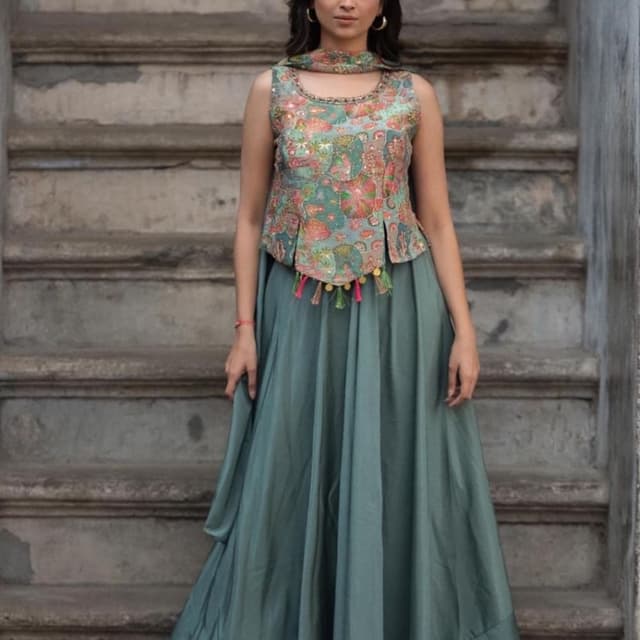 Sage green, muted coral, teal, and gold accents Lehenga Choli set with a scarf