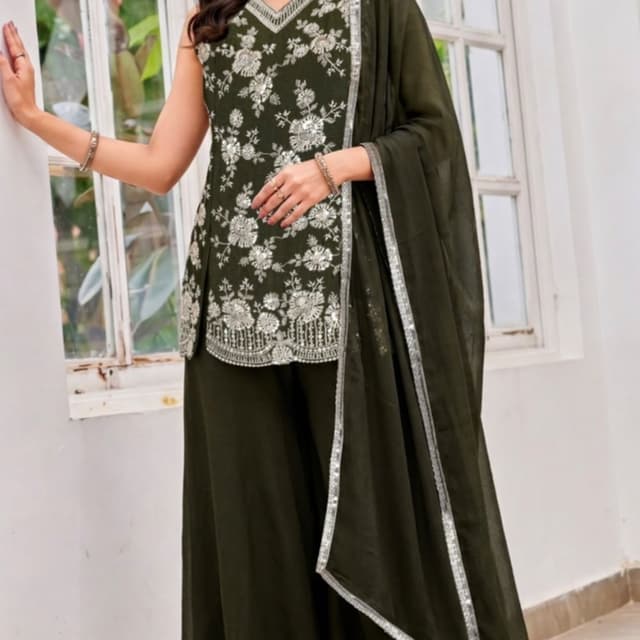 Deep olive green with silver metallic accents Sharara Set