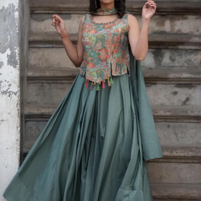 Sage green, muted teal, and floral multicolor accents Lehenga Choli with dupatta