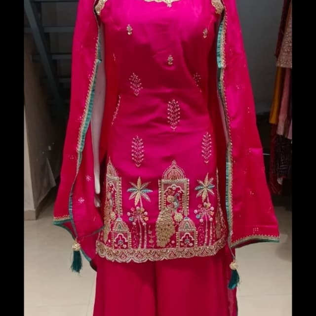 Hot pink, golden, and teal green Sharara Suit Set