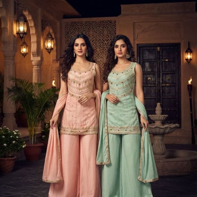 Pastel Pink and Pastel Mint Green with Gold accents Sharara Set