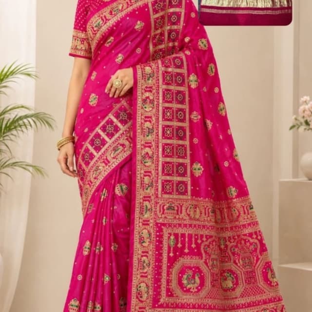 Hot pink, gold Saree