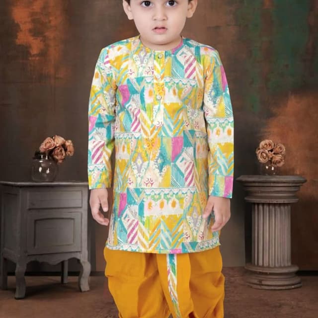 Mustard yellow, bright pink, turquoise blue, and white Kurta Dhoti set