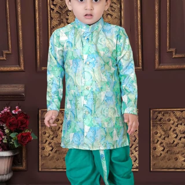 Teal, light blue, lime green, and white Kurta Dhoti Set