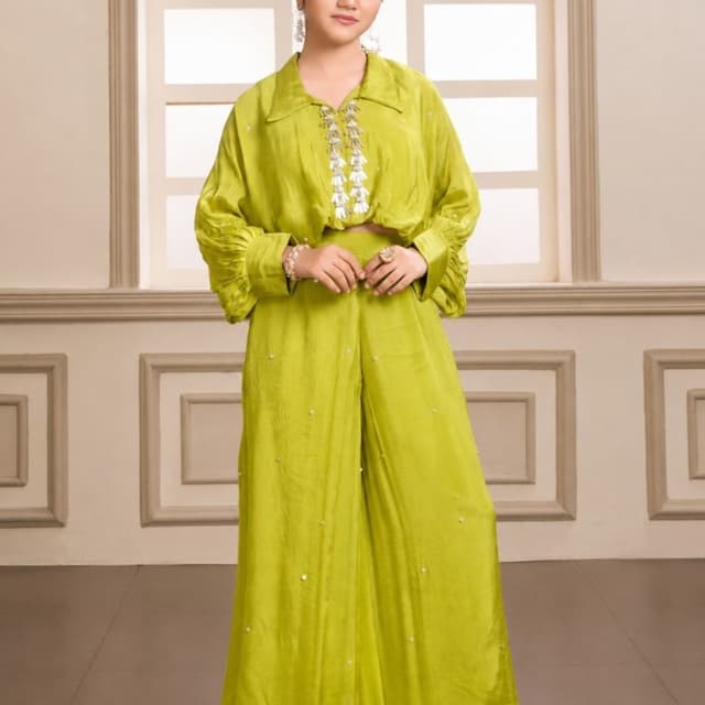 Lime green Co-ord set (collared cropped shirt and palazzo pants)