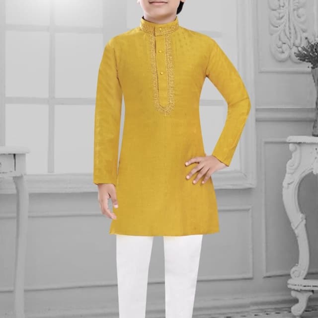 Mustard Yellow and White Kurta Pyjama Set