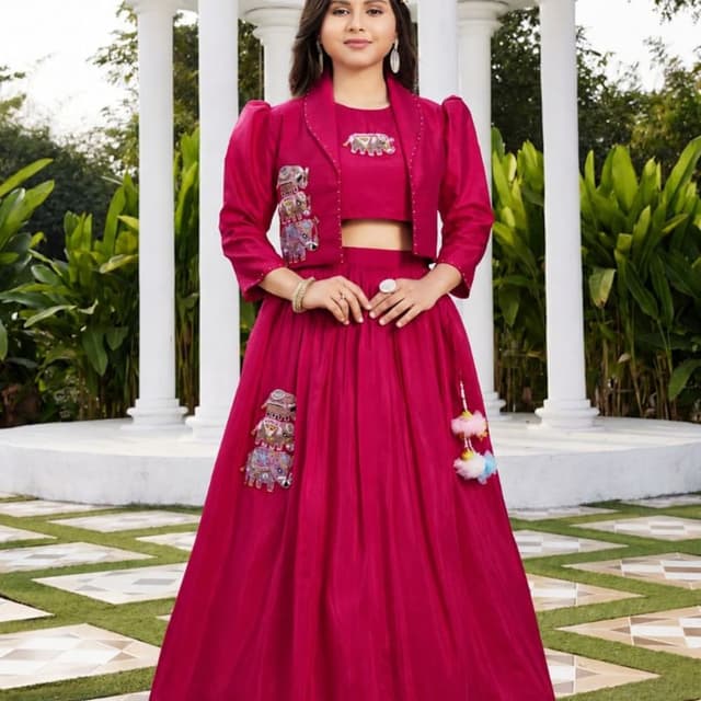 Solid Fuchsia/Magenta Pink with multi-colored embroidery Lehenga Choli with Jacket