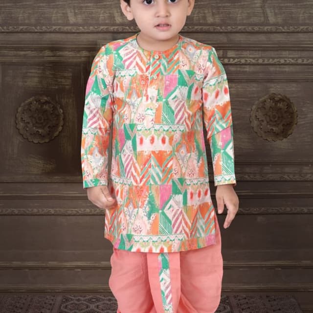 Peach, Orange, Green, White Kurta Dhoti Set