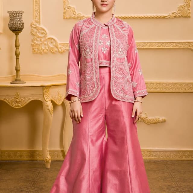 Dusty Pink and Silver Jacketed Co-ord Set (Crop top, palazzo pants, and jacket)
