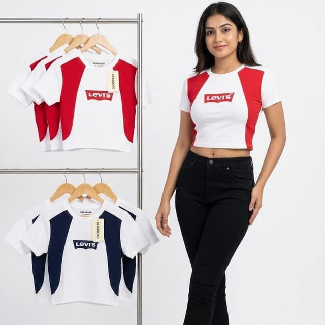 White, Red, Navy Blue Crop Top T-shirt