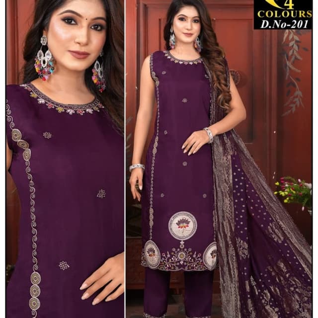 Deep purple base with multi-colored embroidery and gold accents Salwar Kameez Set