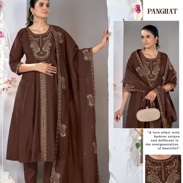 Solid dark chocolate brown with multi-colored embroidery accents in turquoise, gold, and red Salwar Kameez Set