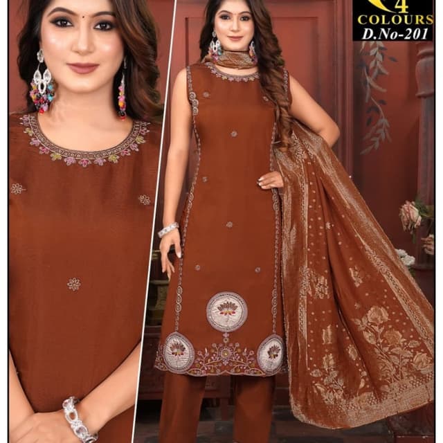 Deep Brown, Tan, Multi-colored floral accents Salwar Kameez (Kurta and Trousers with Dupatta)
