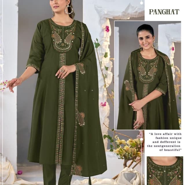 Olive green with multicolor embroidery accents Kurta Set with Dupatta