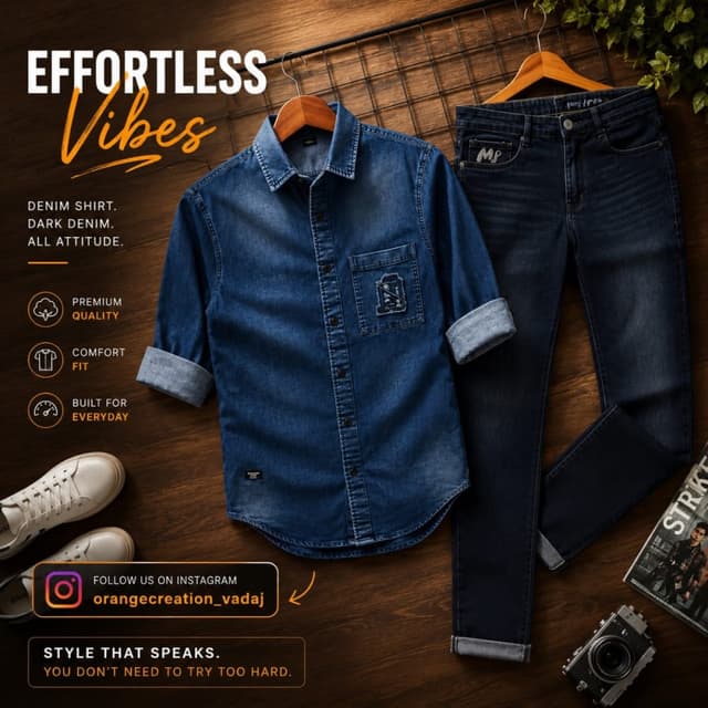 Dark Blue Denim Denim Shirt and Jeans Set