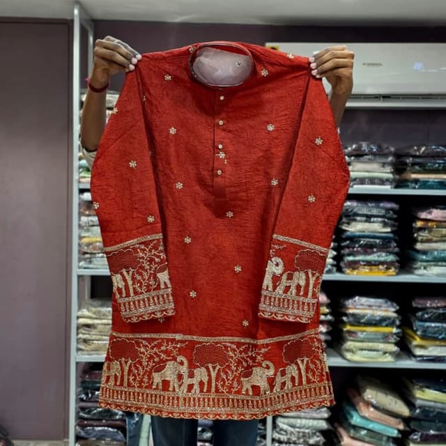 Deep red with gold metallic embroidery Kurta