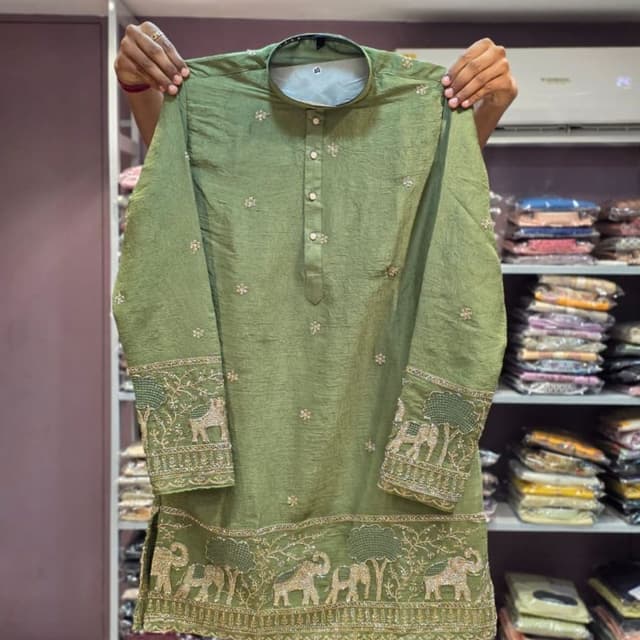 Olive green with muted metallic gold embroidery Kurta