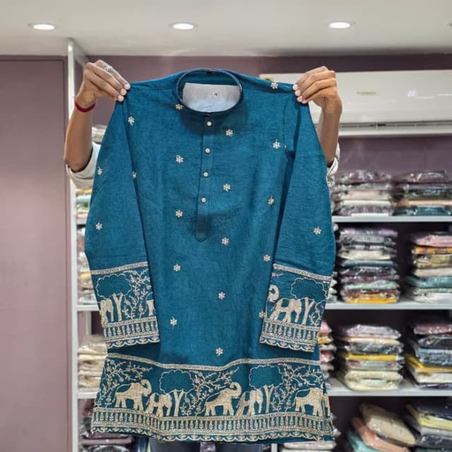Teal blue base with metallic gold embroidery Kurta