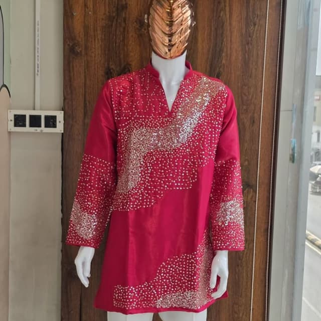 Vibrant fuchsia pink base with silver sequin embellishments Kurta