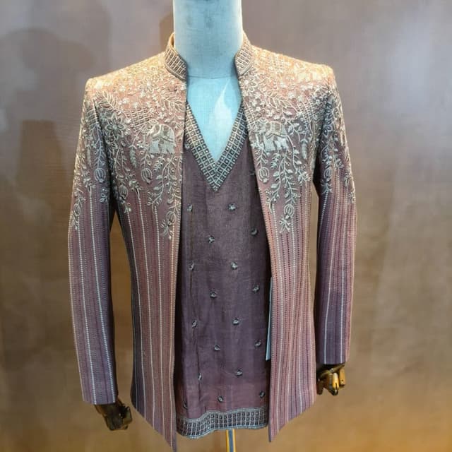 Mauve, brownish-purple, and metallic silver/gold Indo-Western Set (Jodhpuri Blazer with inner vest)