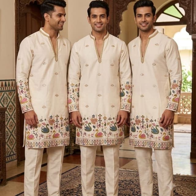 Off-white, cream, gold, green, pink, and multi-color embroidery Kurta Pyjama set