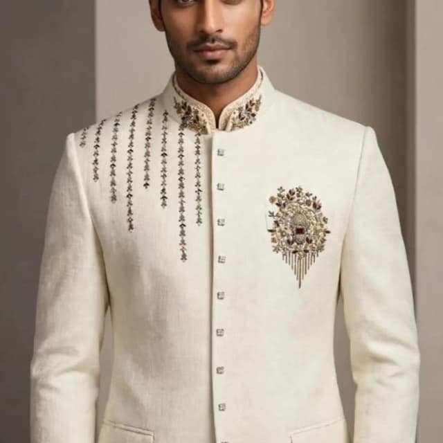 Off-white or cream base with multi-colored metallic embroidery Jodhpuri Suit / Bandhgala Jacket