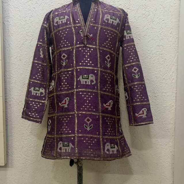 Deep purple base with gold, white, and subtle accent colors Kurta
