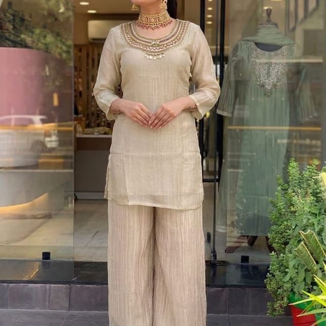 Beige, Gold, hints of maroon and green in embroidery Kurta and Palazzo Set