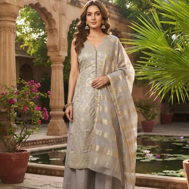 Grey and Gold Salwar Suit Set