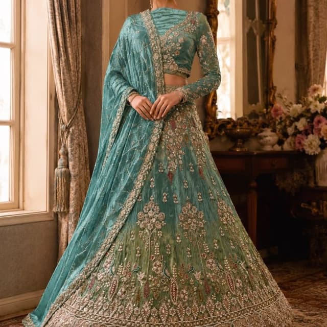 Teal, Seafoam green, Metallic gold Lehenga Choli