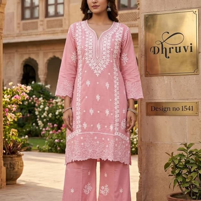 Dusty pink base with white embroidery Kurta Set with Palazzo