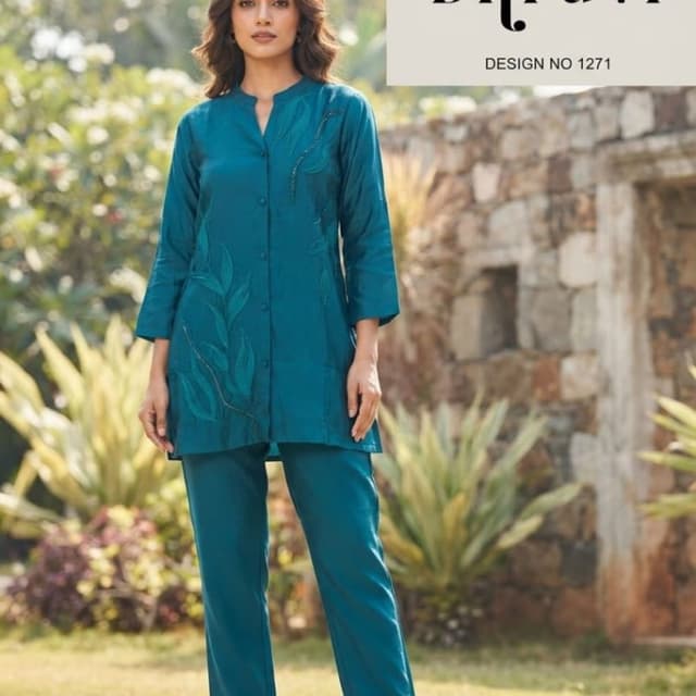 Teal, deep blue-green monochrome Co-ord set (Kurti and trousers)