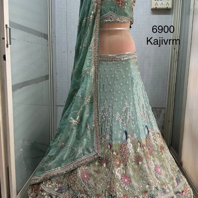 Sage Green base with multi-colored thread work in pink, maroon, blue, and metallic silver Lehenga Choli