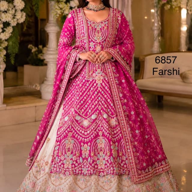 Hot Pink, Off-White, Teal, and Gold Lehenga Choli