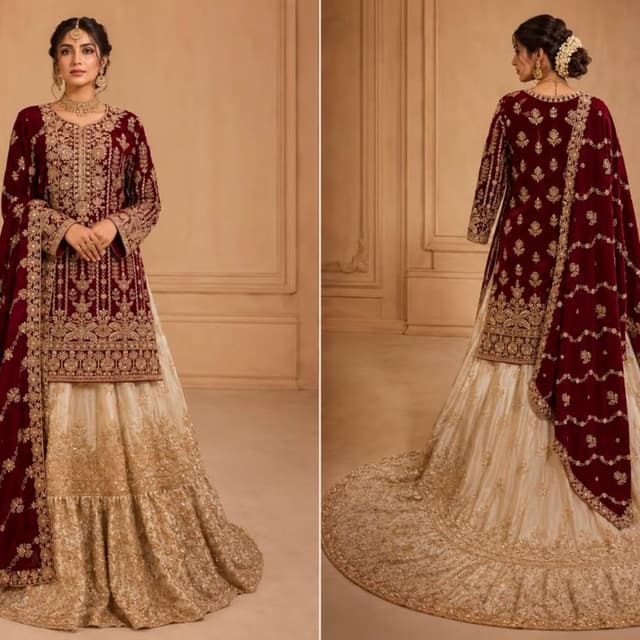 Maroon and Off-White/Cream with Metallic Gold accents Lehenga Choli with long jacket