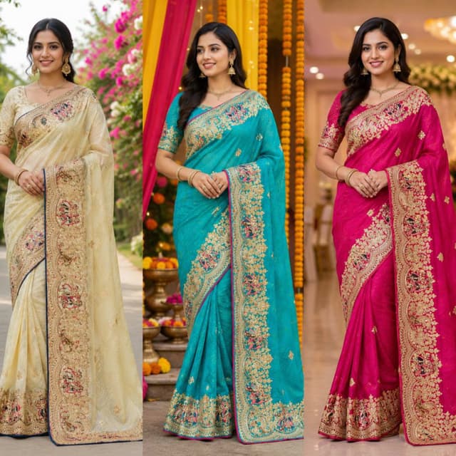 Turquoise blue with gold zari and hints of pink and deep blue embroidery Saree