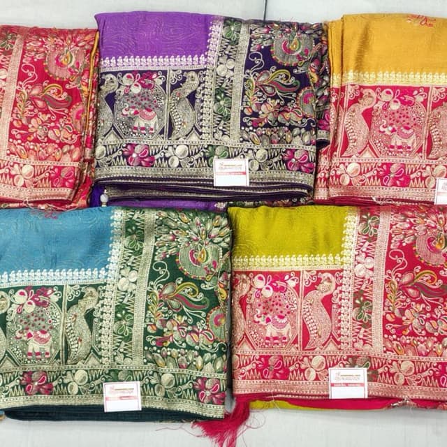 Purple, Deep Green, Mustard Yellow, Hot Pink, Gold Saree