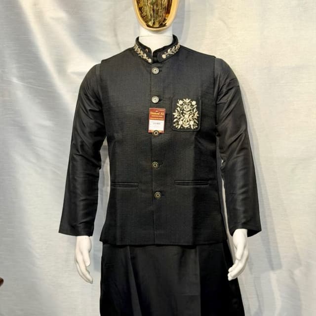 Black with gold/off-white embroidery Nehru Jacket with Kurta