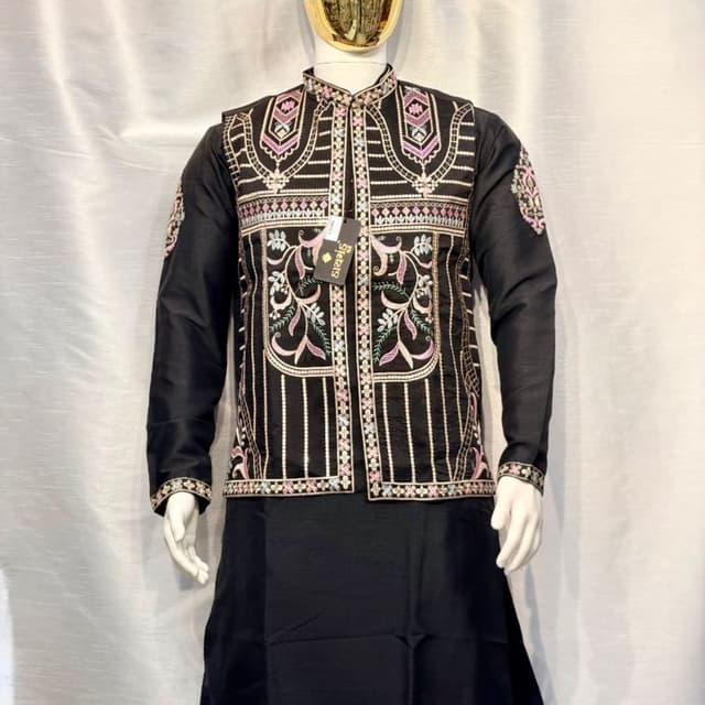Black base with multi-colored embroidery including pink, white, and subtle silver Kurta Set with Nehru Jacket