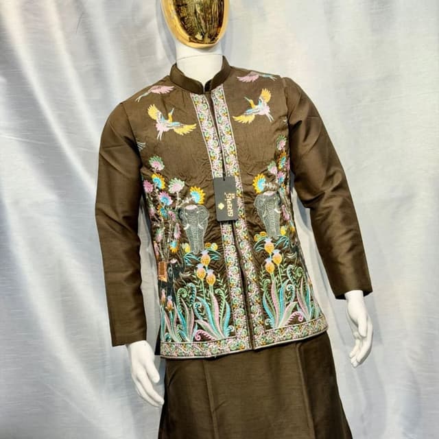 Dark brown base with multi-colored thread embroidery including pink, yellow, blue, and green Kurta with Nehru Jacket/Waistcoat