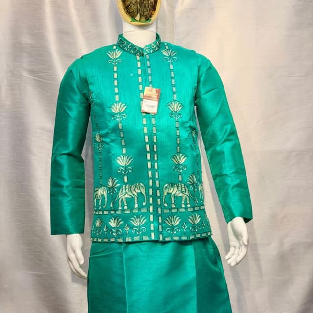 Emerald Green and Gold Kurta with Nehru Jacket set