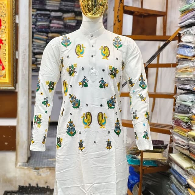 White base with yellow, blue, and green embroidery accents Kurta