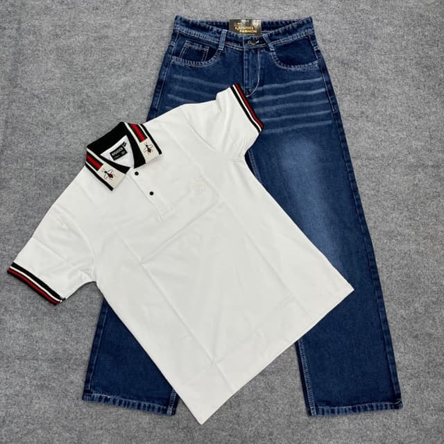 White, Navy Blue, Red, Green Polo Shirt and Jeans set
