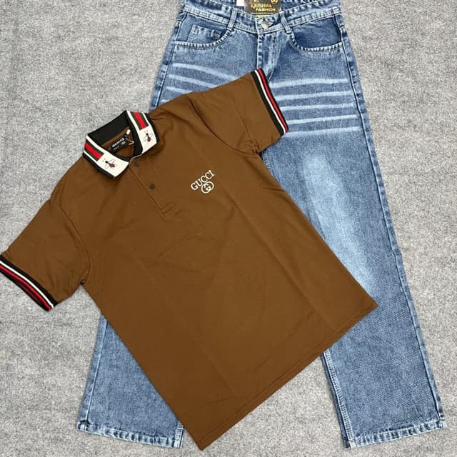 Brown, Blue, Red, Green, White Polo Shirt and Jeans set